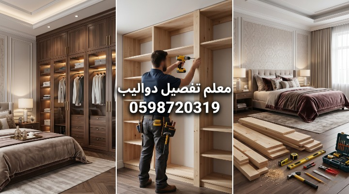 صورة بثلاث مراحل تظهر معلم دواليب في جدة أثناء تفصيل وتصنيع وتركيب دولاب خشبي على الجدار بدقة عالية، مع تقديم خصم 20%.