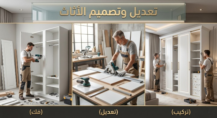 صورة تظهر نجار محترف بجدة أثناء تعديل وتصميم الأثاث الخشبي وتفصيل الخزائن بدقة داخل منزل بتصميم سعودي راقٍ، مع تقديم خصم 20%.