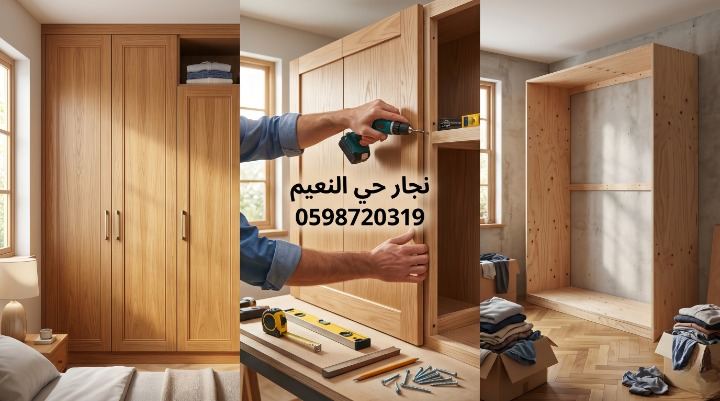 صورة تظهر نجار حي النعيم بجدة أثناء تنفيذ أعمال النجارة وفك وتركيب الأثاث بدقة مع تقديم خصم 20%.