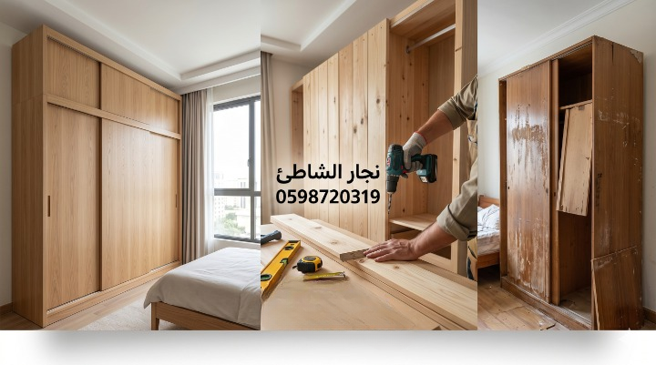 صورة تظهر نجار الشاطئ بجدة أثناء تنفيذ أعمال النجارة وفك وتركيب الأثاث باحترافية ودقة عالية مع تقديم خصم 20%.
