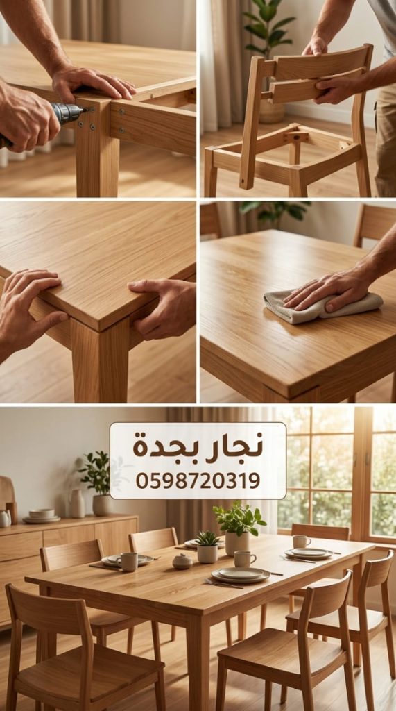 صورة تظهر فني تركيب طاولات طعام خشب بجدة أثناء تجميع وتثبيت طاولة جديدة بدقة واحترافية عالية مع تقديم خصم 20%.