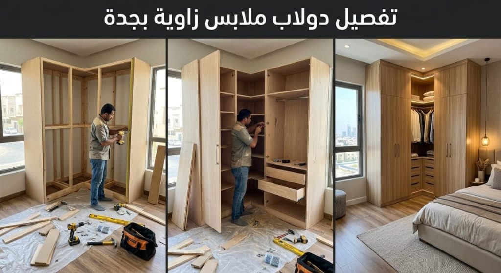 صورة تظهر نجار بجدة أثناء تفصيل دولاب ملابس زاوية لتوفير المساحات واستغلال الزوايا باحترافية عالية مع تقديم خصم 20%.