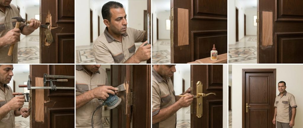 صورة تظهر نجار تصليح أبواب مكسورة بجدة أثناء ترميم الشقوق وإصلاح الخشب التالف بمهارة عالية مع توفير خصم 20%.