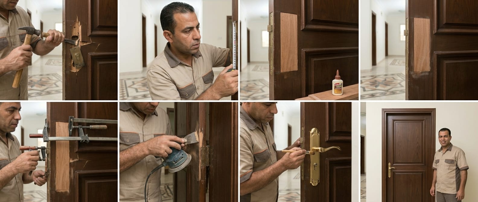 صورة تظهر نجار تصليح أبواب مكسورة بجدة أثناء ترميم الشقوق وإصلاح الخشب التالف بمهارة عالية مع توفير خصم 20%.