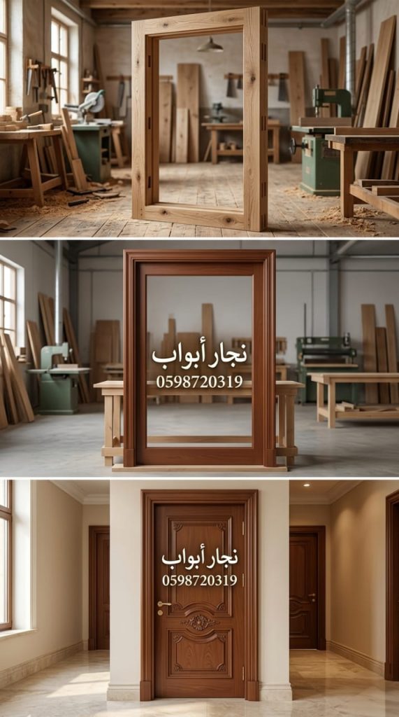 صورة توضح دقة نجار بجدة أثناء تفصيل حلوق أبواب خشبية وتركيبها بمهارة عالية لضمان متانة الأبواب وثباتها مع تقديم خصم 20%.