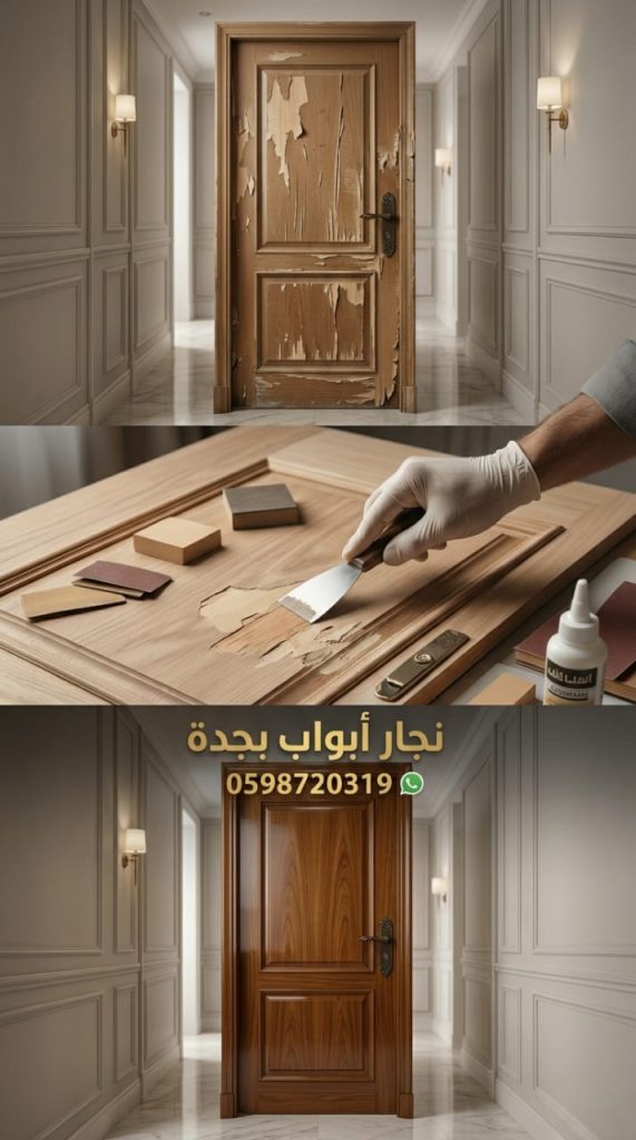 صورة تظهر معلم ترميم قشرة الأبواب الخشبية بجدة أثناء إزالة القشرة التالفة ولصق طبقة جديدة باحترافية عالية مع تقديم خصم 20%.