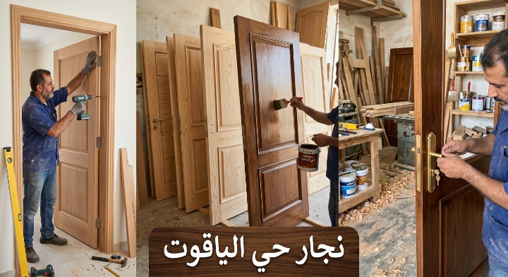 صورة تظهر نجار حي الياقوت بجدة أثناء تقطيع الأخشاب على الماكينات الحديثة وتنفيذ أعمال التركيب بدقة مع تقديم خصم 20%.