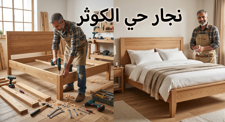 صورة تظهر نجار حي الكوثر بجدة أثناء تنفيذ أعمال النجارة وفك وتركيب الأثاث بدقة مع تقديم خصم 20%.