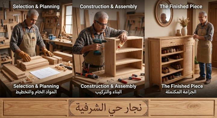 صورة تظهر نجار حي الشرفية بجدة أثناء تنفيذ أعمال النجارة وفك وتركيب الأثاث بدقة مع تقديم خصم 20%.
