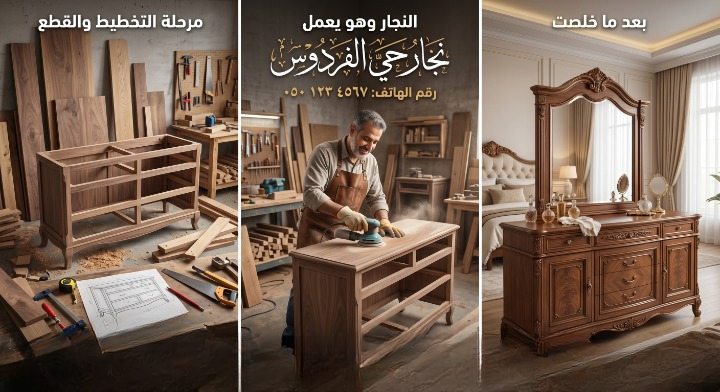 صورة تظهر نجار حي الفردوس بجدة أثناء تنفيذ أعمال النجارة وفك وتركيب الأثاث بدقة مع تقديم خصم 20%.