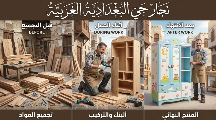 صورة تظهر نجار حي البغدادية الغربية بجدة أثناء تنفيذ أعمال النجارة وفك وتركيب الأثاث بدقة مع تقديم خصم 20%.