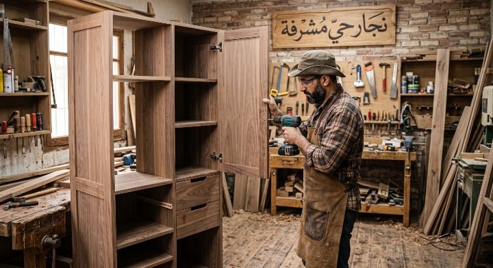 صورة تظهر نجار حي مشرفة بجدة أثناء تنفيذ أعمال النجارة وفك وتركيب الأثاث بدقة مع تقديم خصم 20%.