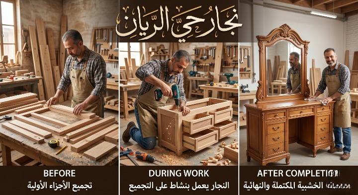 صورة تظهر نجار حي الريان بجدة أثناء تنفيذ أعمال النجارة وفك وتركيب الأثاث بدقة مع تقديم خصم 20%.