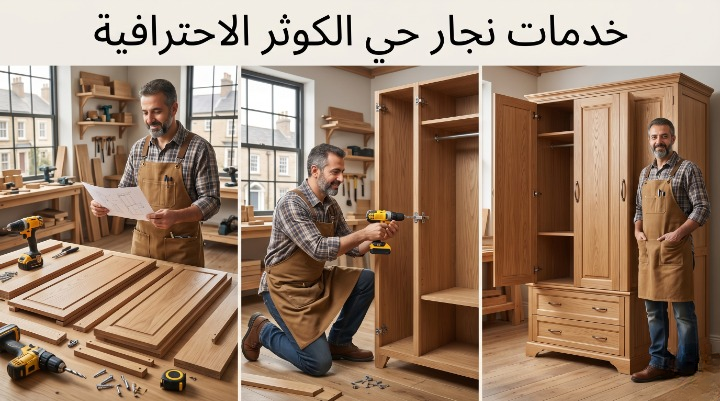 صورة تظهر نجار حي الكوثر بجدة أثناء تنفيذ أعمال النجارة وفك وتركيب الأثاث بدقة مع تقديم خصم 20%.