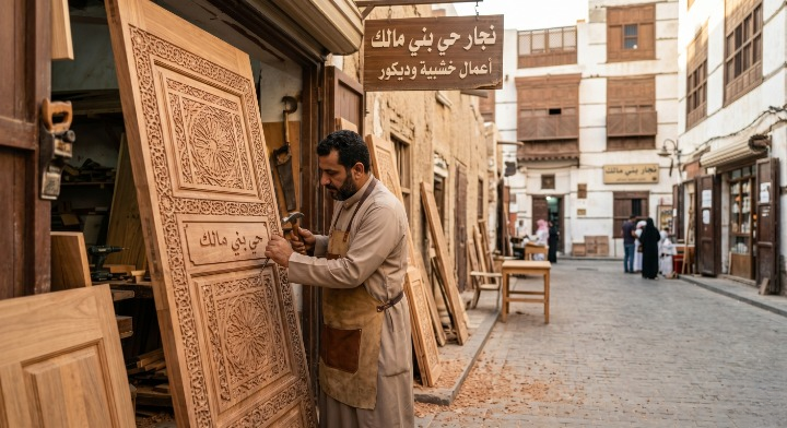 صورة تظهر نجار حي بني مالك بجدة أثناء فك وتركيب أثاث مودرن وغرف نوم فاخرة بدقة عالية مع تقديم خصم 20%.