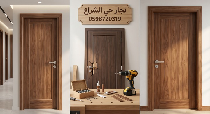 صورة عالية الجودة تظهر مراحل عمل نجار حي الشراع بجدة في تفصيل وتركيب أبواب خشبية جديدة للغرف والمنازل باستخدام ماكينات حديثة، مع تقديم خصم 20%.