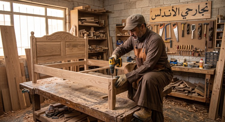 صورة تظهر نجار حي الأندلس أثناء تنفيذ أعمال النجارة الخشبية وفك وتركيب الأثاث بدقة مع تقديم خصم 20%.