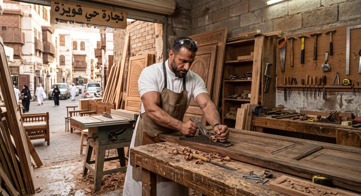 صورة تظهر نجار حي قويزة بجدة وهو يقوم بتفصيل غرف نوم حديثة وتركيب العفش، ومكتوب عليها فقط "معلم الدواليب" والرقم 0598720319.