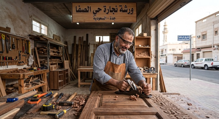 صورة تظهر نجار حي الصفا أثناء تنفيذ أعمال النجارة الخشبية وفك وتركيب الأثاث بدقة، ومكتوب عليها فقط "معلم الدواليب بجده" والرقم 0598720319.