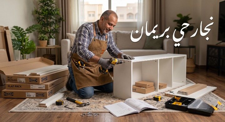 صورة تظهر نجار حي بريمان أثناء تنفيذ أعمال النجارة الخشبية وفك وتركيب الأثاث بدقة، ومكتوب عليها فقط "معلم الدواليب بجده" والرقم 0598720319.