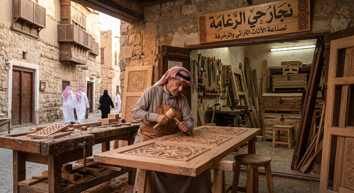 صورة تظهر نجار حي الرغامة بجدة أثناء تنفيذ أعمال النجارة الخشبية وفك وتركيب الأثاث بدقة، ومكتوب عليها فقط "معلم الدواليب" والرقم 0598720319.