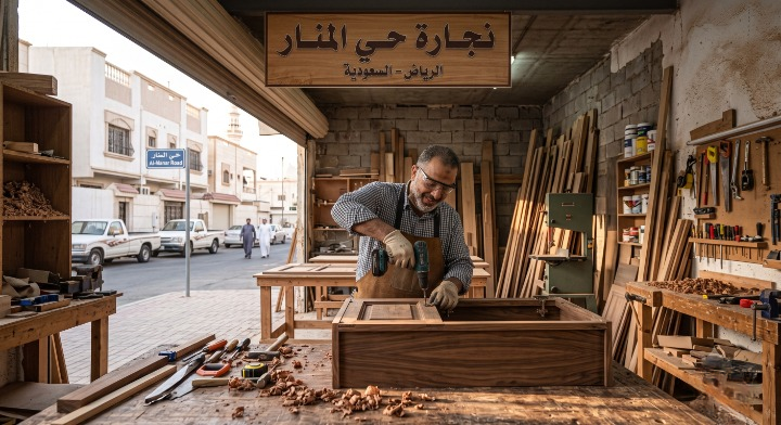 صورة تظهر نجار حي المنار أثناء تنفيذ أعمال النجارة الخشبية وفك وتركيب الأثاث بدقة، ومكتوب عليها فقط "معلم الدواليب بجده" والرقم 0598720319.