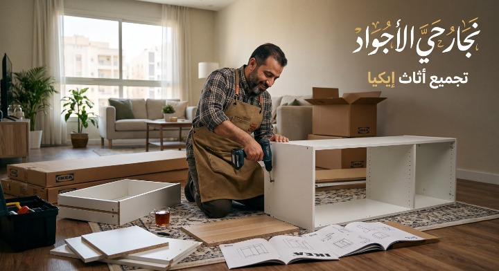 صورة تظهر نجار حي الأجواد أثناء تنفيذ أعمال النجارة الخشبية وفك وتركيب الأثاث بدقة، ومكتوب عليها فقط "معلم الدواليب بجده" والرقم 0598720319.