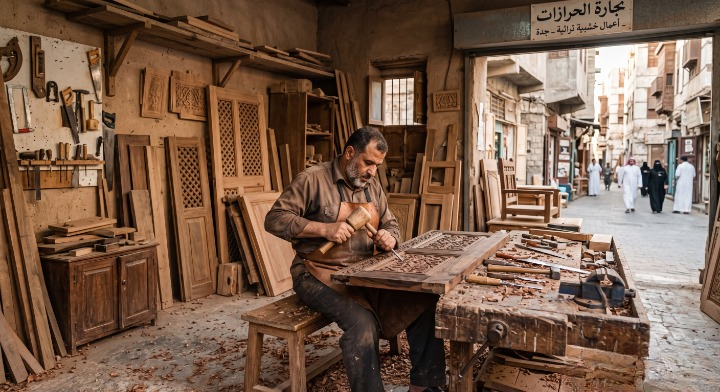 صورة تظهر نجار حي الحرازات بجدة أثناء تنفيذ أعمال النجارة الخشبية وفك وتركيب الأثاث بدقة، ومكتوب عليها فقط "معلم الدواليب " والرقم 0598720319.