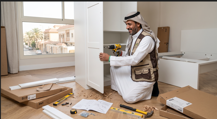 صورة تظهر نجار حي النزلة الشرقية أثناء تنفيذ أعمال النجارة الخشبية وفك وتركيب الأثاث بدقة، ومكتوب عليها فقط "معلم الدواليب بجده" والرقم 0598720319.
