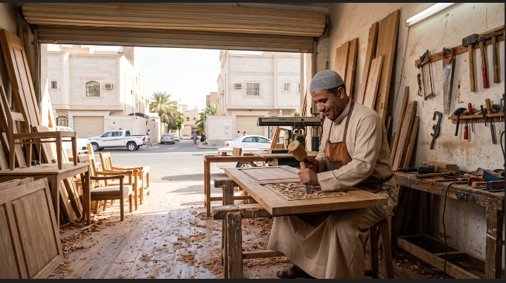 صورة تظهر نجار حي الأمير فواز الشمالي بجدة أثناء تنفيذ أعمال النجارة الخشبية وفك وتركيب الأثاث بدقة، ومكتوب عليها فقط "معلم الدواليب" والرقم 0598720319.