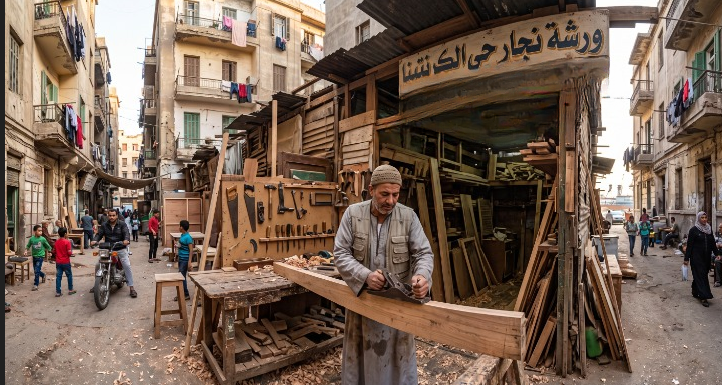 صورة تظهر نجار حي الكرنتينا بجدة أثناء تنفيذ أعمال النجارة الخشبية وفك وتركيب الأثاث بدقة، ومكتوب عليها فقط "معلم الدواليب" والرقم 0598720319.