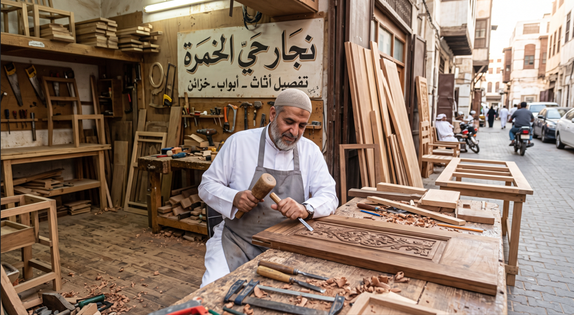 صورة تظهر نجار حي الخمرة بجدة أثناء تنفيذ أعمال النجارة الخشبية وفك وتركيب الأثاث بدقة، ومكتوب عليها فقط "معلم الدواليب" والرقم 0598720319.