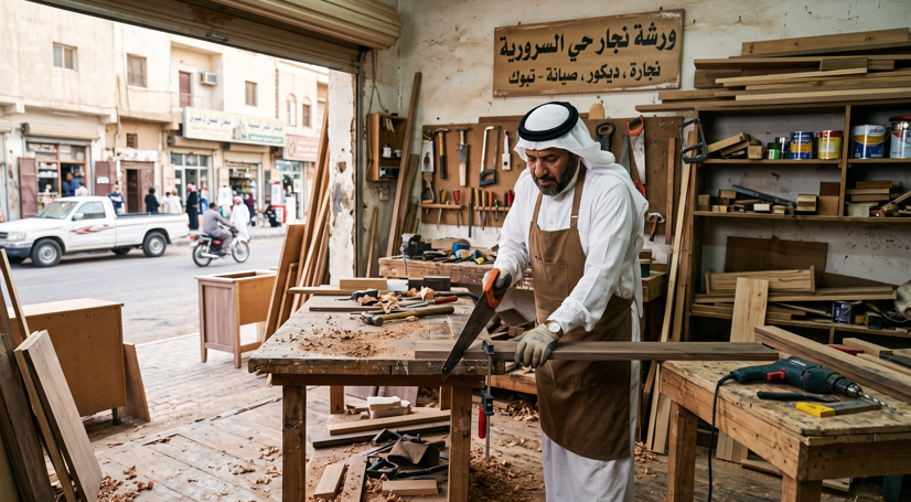 صورة تظهر نجار حي السرورية بجدة أثناء تنفيذ أعمال النجارة الخشبية وفك وتركيب الأثاث بدقة، ومكتوب عليها فقط "معلم الدواليب" والرقم 0598720319.